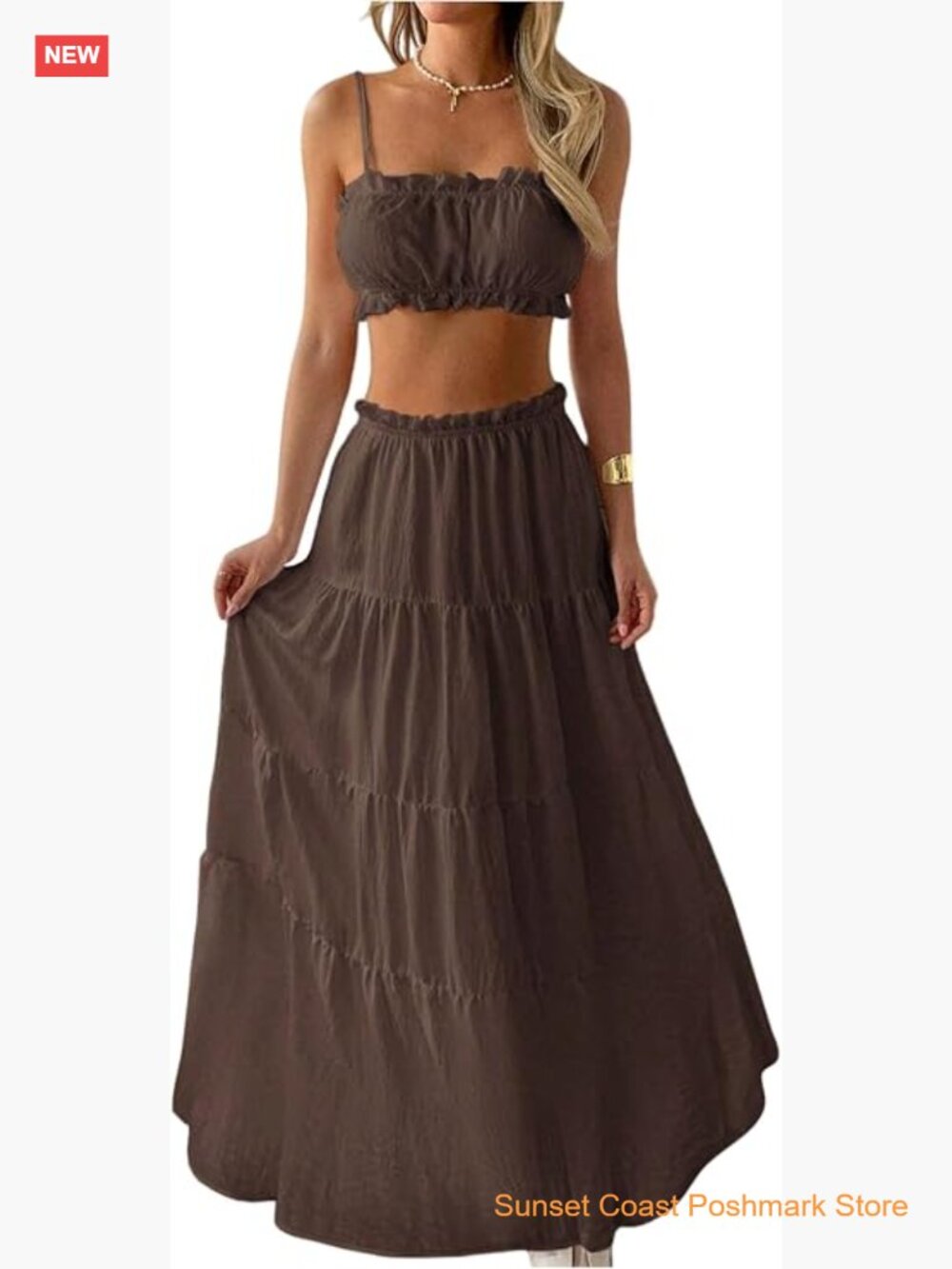 2 Piece Vacation Outfits Ruffle Micro Crop Camisole Flowy Long Skirt Set